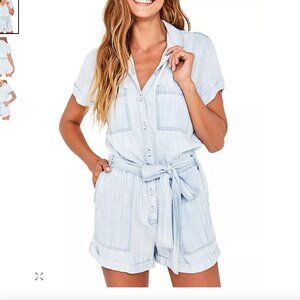 Bella Dahl Light Blue Chambray Short Sleeve Rolled Hem Tie Waist Utility Romper